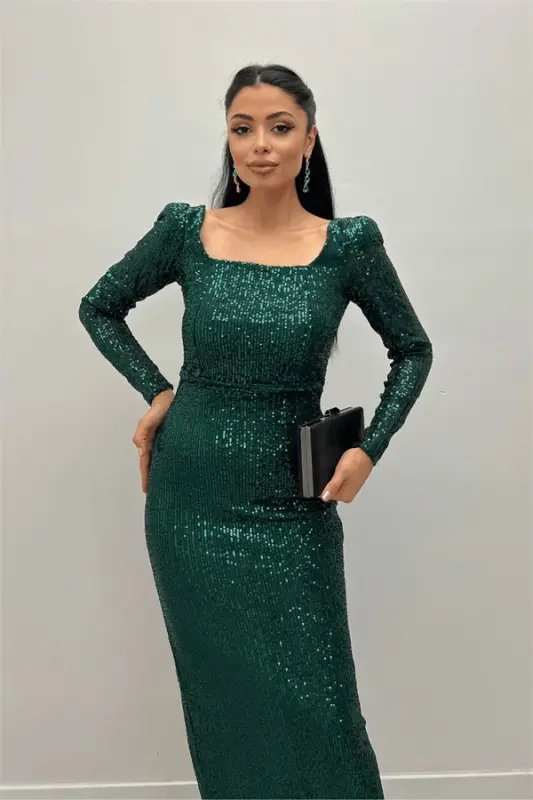 Sequin Fabric Square Neck Pencil Dress - EMERALD GREEN - 3