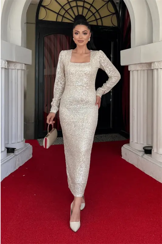 Sequin Fabric Square Neck Pencil Dress - GOLD - 2