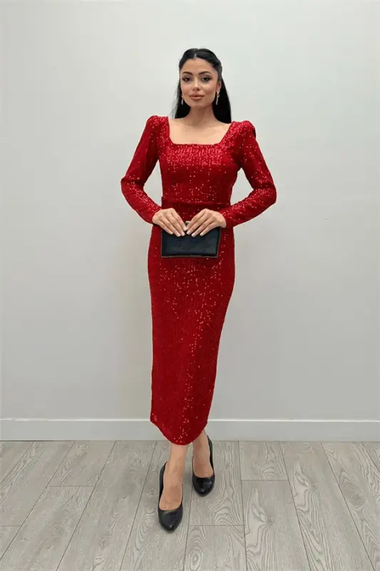 Sequin Fabric Square Neck Pencil Dress - RED - 1