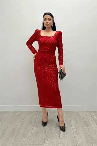 Sequin Fabric Square Neck Pencil Dress - RED - BÜYÜKBEDENIZ (1)