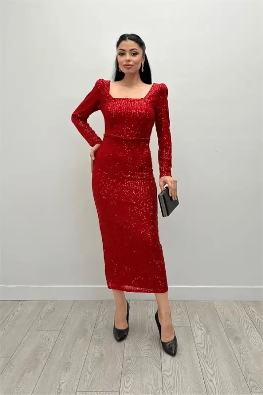 Sequin Fabric Square Neck Pencil Dress - RED - 2