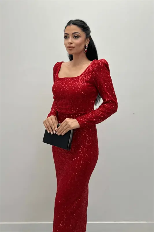 Sequin Fabric Square Neck Pencil Dress - RED - 3
