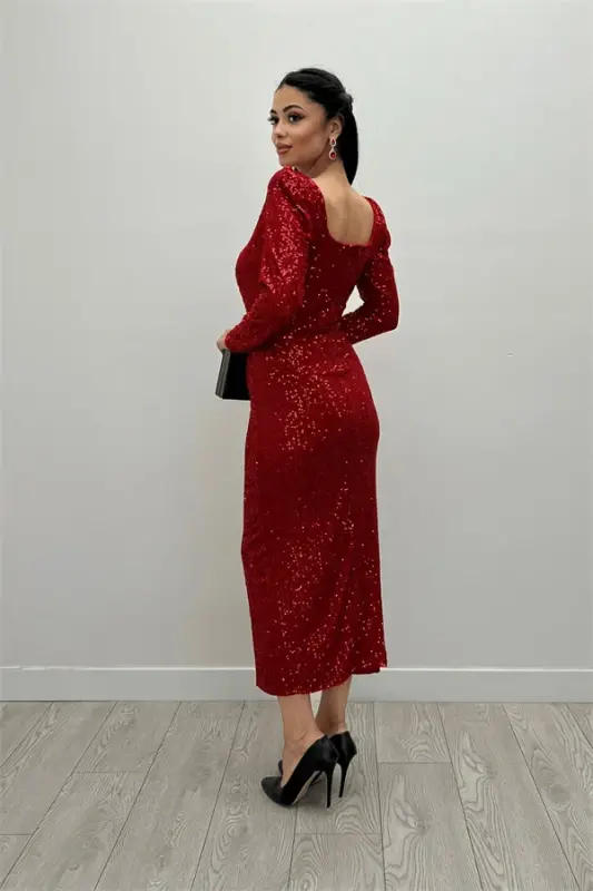 Sequin Fabric Square Neck Pencil Dress - RED - 5