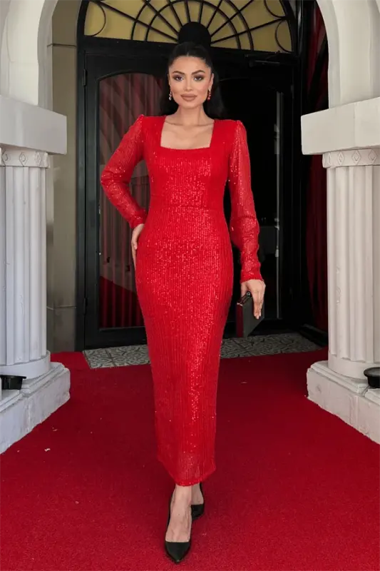 Sequin Fabric Square Neck Pencil Dress - RED - 1