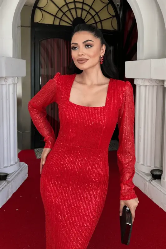 Sequin Fabric Square Neck Pencil Dress - RED - 3