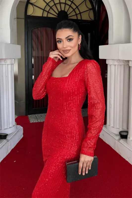 Sequin Fabric Square Neck Pencil Dress - RED - 4