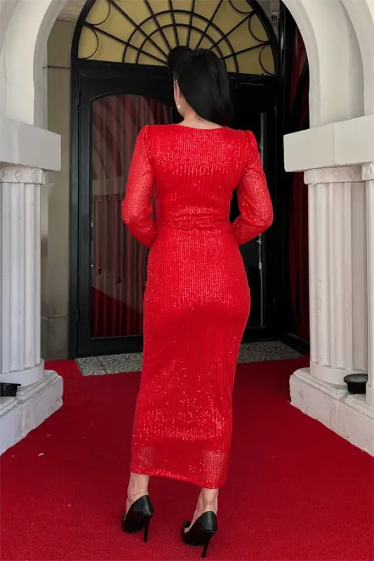 Sequin Fabric Square Neck Pencil Dress - RED - 5