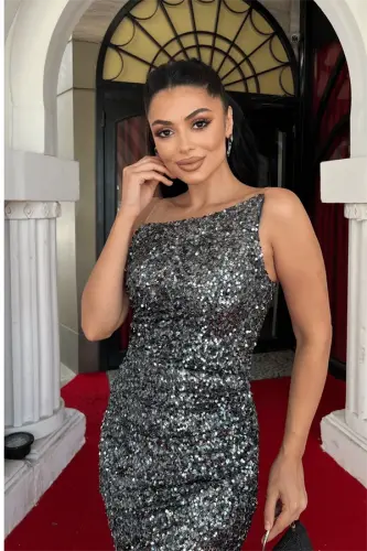 Sequin Fabric Strapless Evening Dress - ANTHRACITE - 3