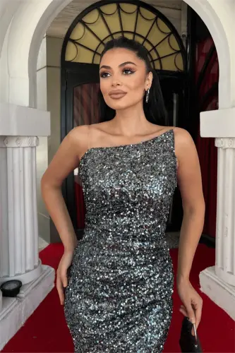 Sequin Fabric Strapless Evening Dress - ANTHRACITE - 4