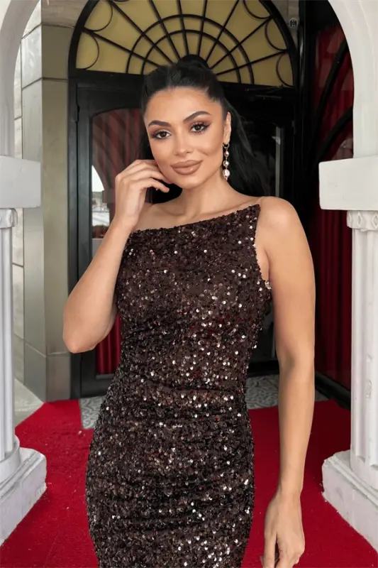 Sequin Fabric Strapless Evening Dress - BROWN - 4