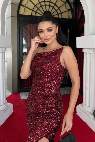 Sequin Fabric Strapless Evening Dress - BURGUNDY - 3