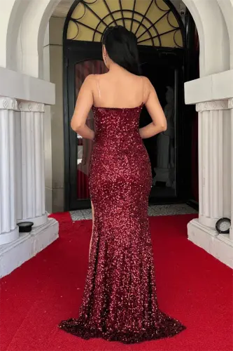 Sequin Fabric Strapless Evening Dress - BURGUNDY - 5