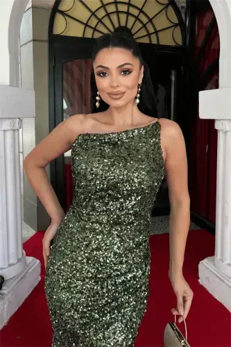 Sequin Fabric Strapless Evening Dress - KHAKI GREEN - 3