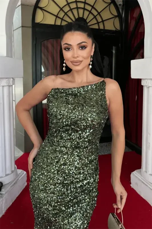 Sequin Fabric Strapless Evening Dress - KHAKI GREEN - 3