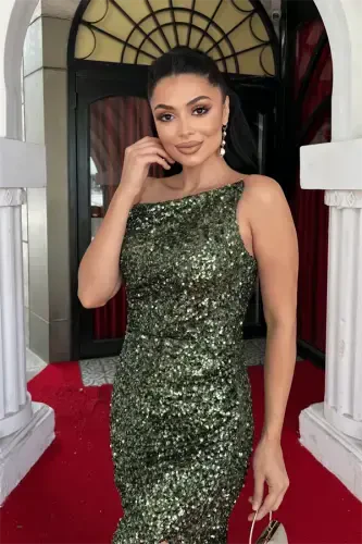 Sequin Fabric Strapless Evening Dress - KHAKI GREEN - 4