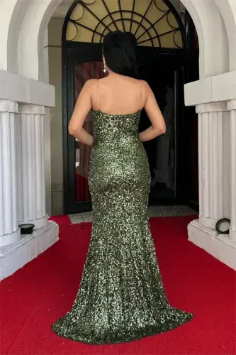 Sequin Fabric Strapless Evening Dress - KHAKI GREEN - 5