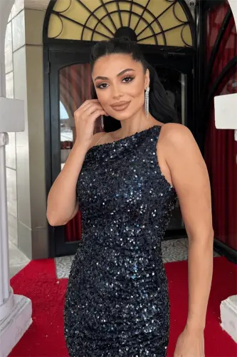 Sequin Fabric Strapless Evening Dress - NAVY BLUE - 4