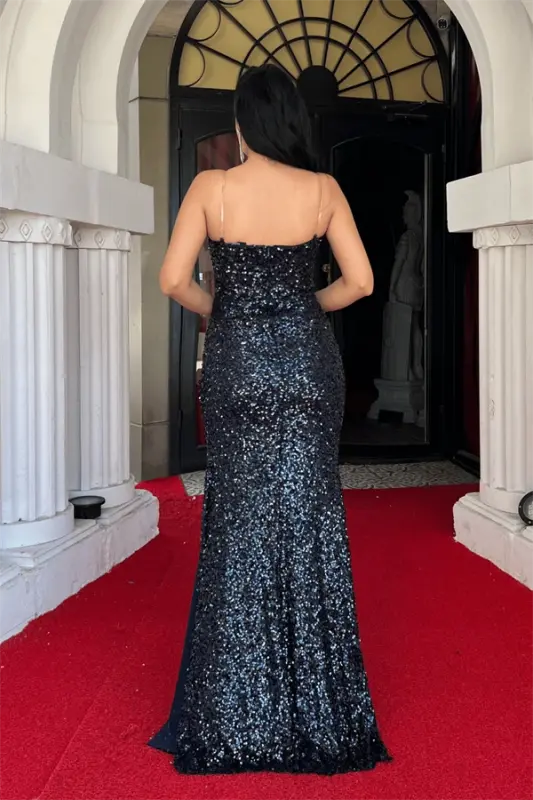 Sequin Fabric Strapless Evening Dress - NAVY BLUE - 5