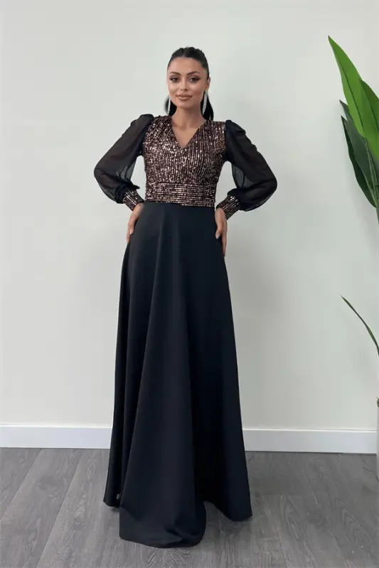 Sequin Fabric Tulle Sleeve Evening Dress - GOLD - BÜYÜKBEDENIZ