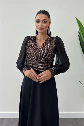 Sequin Fabric Tulle Sleeve Evening Dress - GOLD - BÜYÜKBEDENIZ (1)