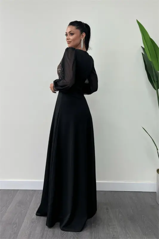 Sequin Fabric Tulle Sleeve Evening Dress - GOLD - 5