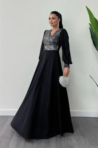 Sequin Fabric Tulle Sleeve Evening Dress - SILVER - 1