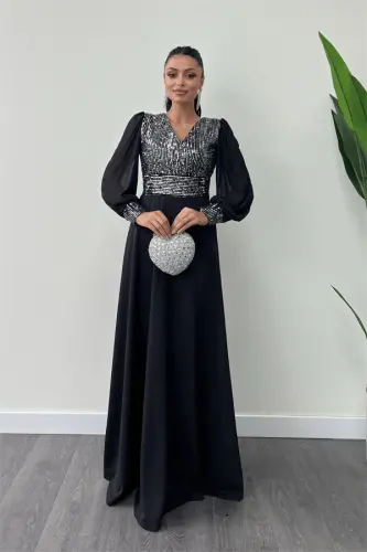 Sequin Fabric Tulle Sleeve Evening Dress - SILVER - BÜYÜKBEDENIZ (1)