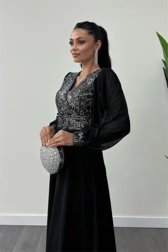 Sequin Fabric Tulle Sleeve Evening Dress - SILVER - 4
