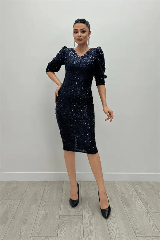 Sequin Fabric V-Neck Dress - NAVY BLUE - 1