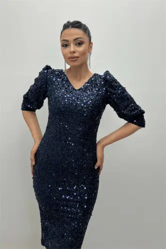 Sequin Fabric V-Neck Dress - NAVY BLUE - 4