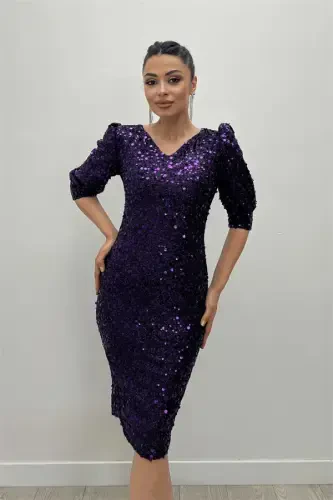 Sequin Fabric V-Neck Dress - PURPLE - 3