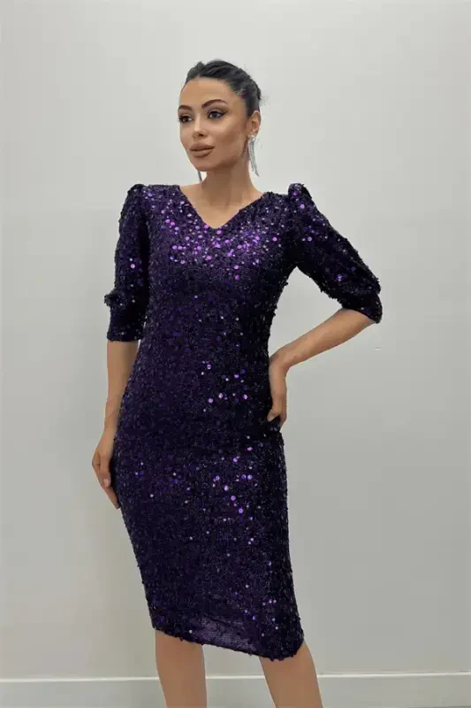 Sequin Fabric V-Neck Dress - PURPLE - 4
