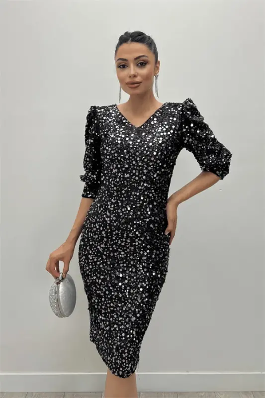 Sequin Fabric V-Neck Dress - SILVER - 4