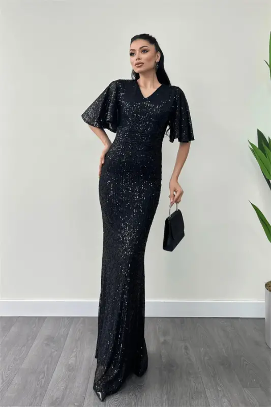 Sequin Fabric V-Neck Evening Dress - BLACK - 1