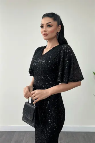 Sequin Fabric V-Neck Evening Dress - BLACK - 4