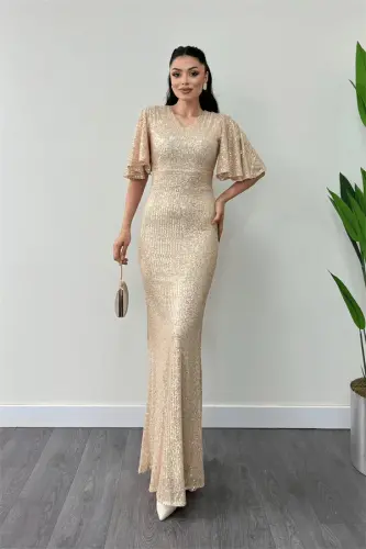 Sequin Fabric V-Neck Evening Dress - GOLD - BÜYÜKBEDENIZ (1)