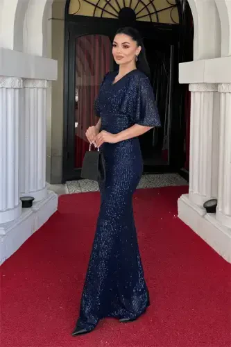 Sequin Fabric V-Neck Evening Dress - NAVY BLUE - BÜYÜKBEDENIZ (1)