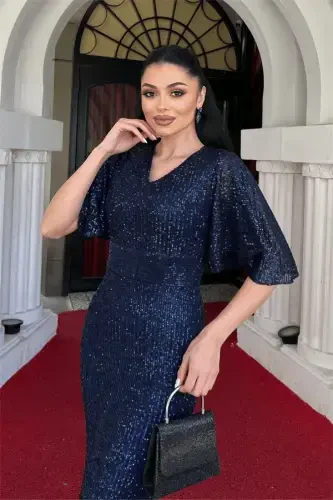 Sequin Fabric V-Neck Evening Dress - NAVY BLUE - 3