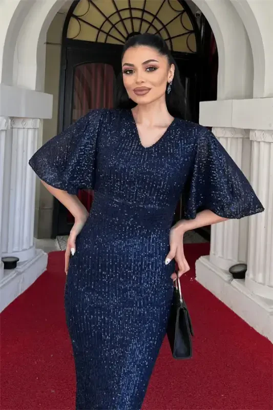 Sequin Fabric V-Neck Evening Dress - NAVY BLUE - 4