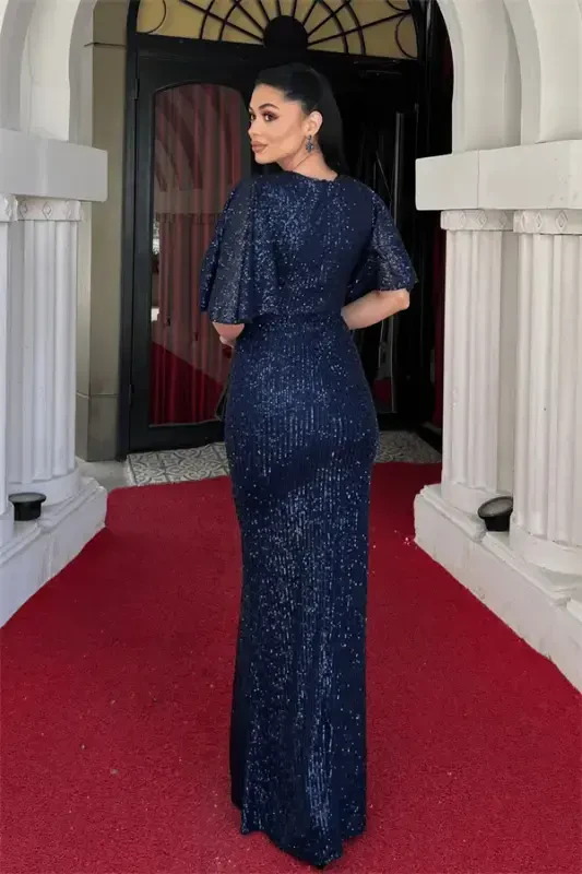 Sequin Fabric V-Neck Evening Dress - NAVY BLUE - 5