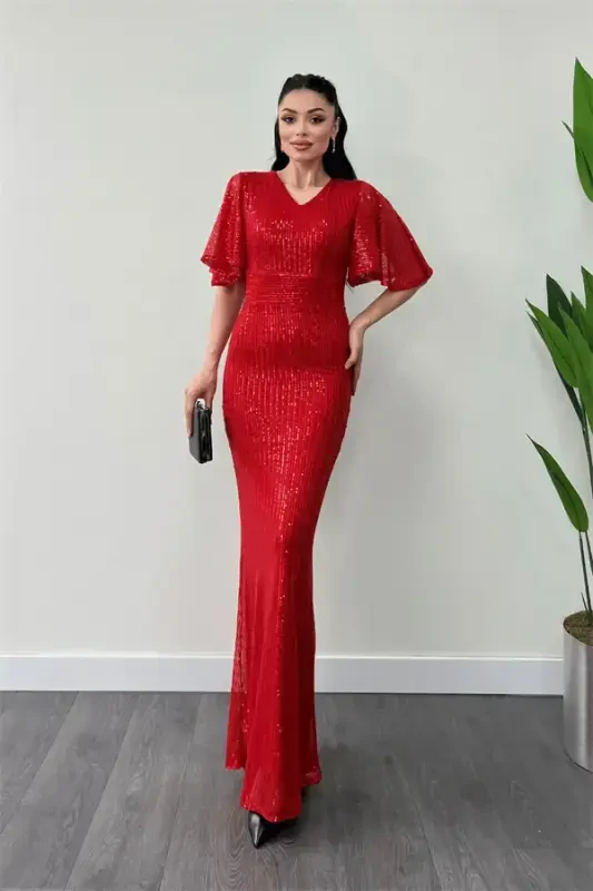 Sequin Fabric V-Neck Evening Dress - RED - 1