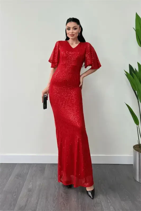 Sequin Fabric V-Neck Evening Dress - RED - 2