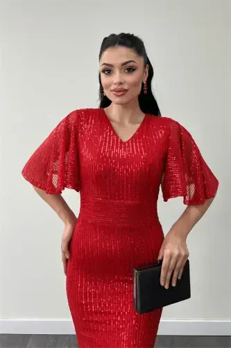 Sequin Fabric V-Neck Evening Dress - RED - 4