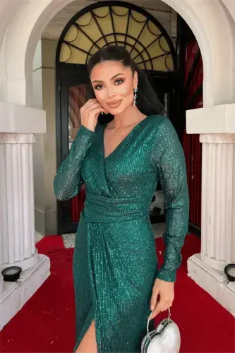 Sequin Fabric Wrap-Around Collar Evening Dress - EMERALD GREEN - 3