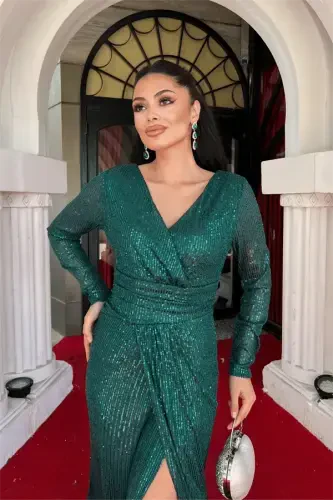 Sequin Fabric Wrap-Around Collar Evening Dress - EMERALD GREEN - 4