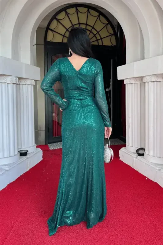 Sequin Fabric Wrap-Around Collar Evening Dress - EMERALD GREEN - 5