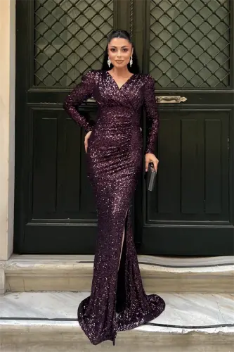 Sequin Fabric Wrap-over Collar Fishtail Dress - EGGPLANT PURPLE - 1
