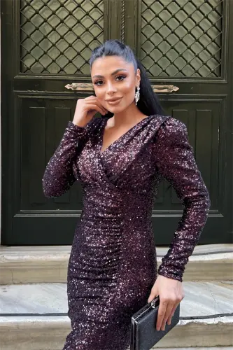 Sequin Fabric Wrap-over Collar Fishtail Dress - EGGPLANT PURPLE - 3