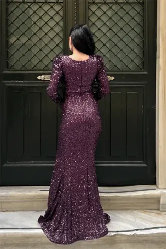 Sequin Fabric Wrap-over Collar Fishtail Dress - EGGPLANT PURPLE - 5