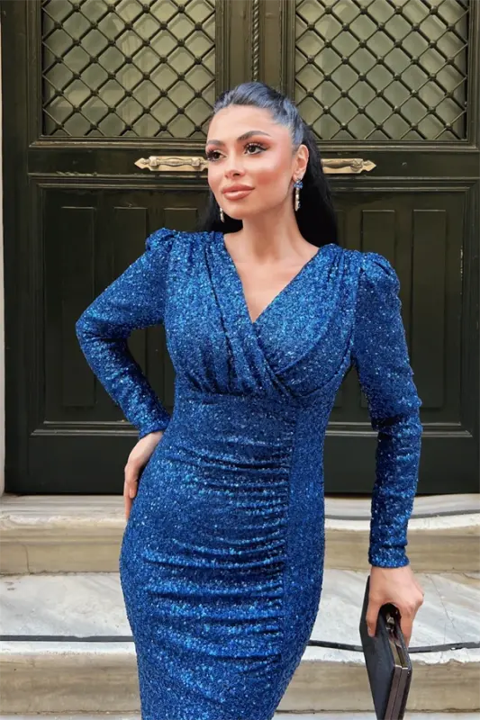 Sequin Fabric Wrap-Over Collar Fishtail Dress - NAVY BLUE - 3